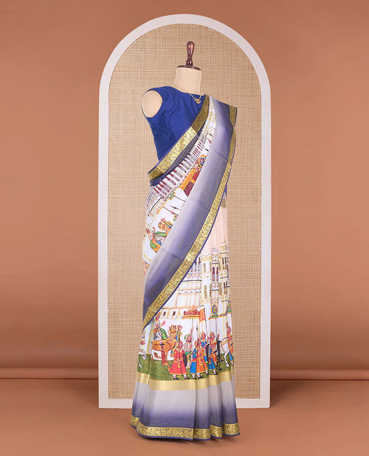 Multi-color Mughal style historical stories printed Mysore silk saree, contrast traditional zari border, and floral zari design pallu