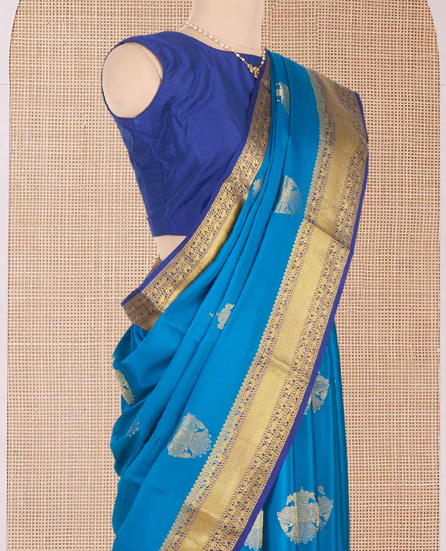 Blue two-headed eagle motifs zari woven Mysore silk saree, contrast traditional zari border, and zari design pallu