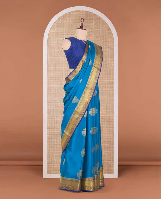 Blue two-headed eagle motifs zari woven Mysore silk saree, contrast traditional zari border, and zari design pallu