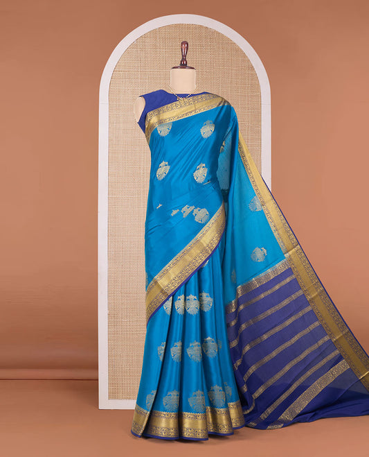 Blue two-headed eagle motifs zari woven Mysore silk saree, contrast traditional zari border, and zari design pallu