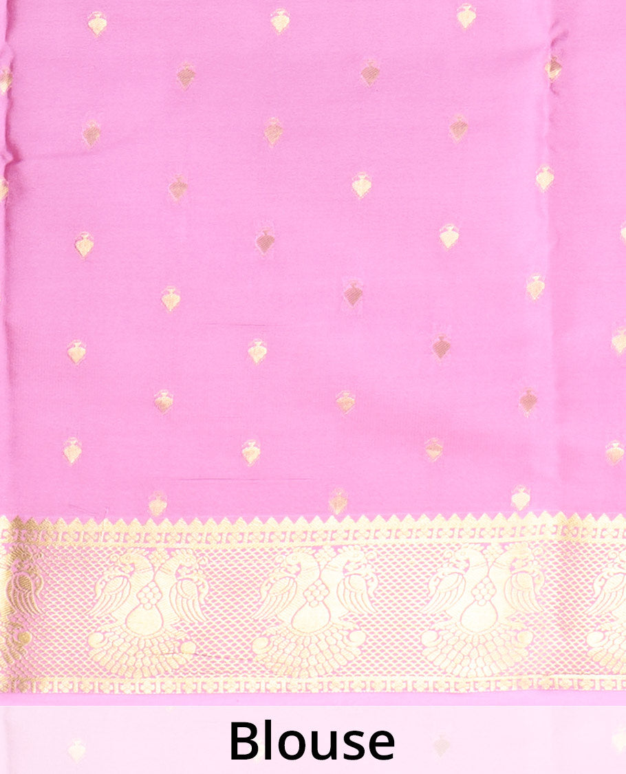 Pink plain Mysore silk saree, traditional zari border and pallu of zari designs