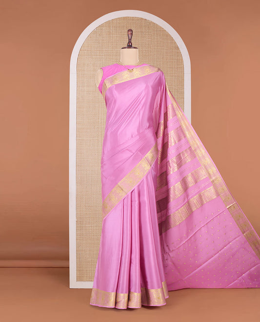 Pink plain Mysore silk saree, traditional zari border and pallu of zari designs