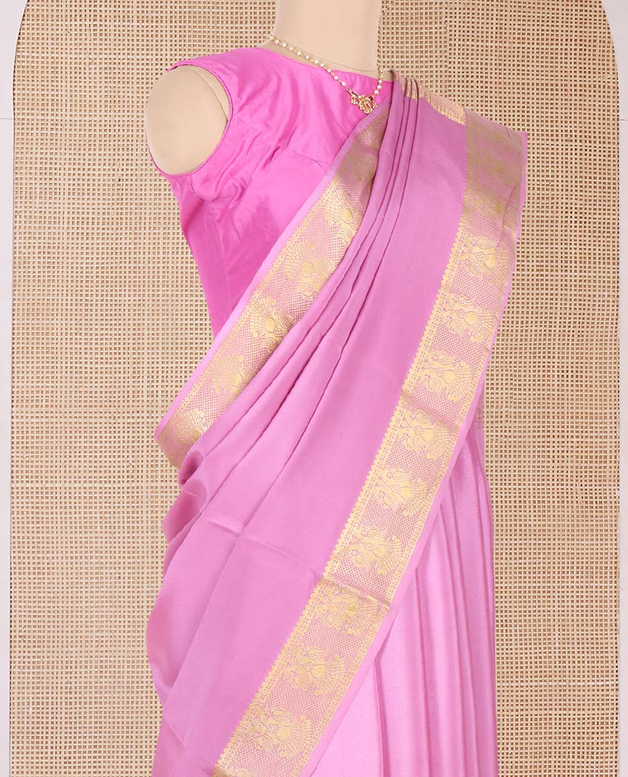 Pink plain Mysore silk saree, traditional zari border and pallu of zari designs