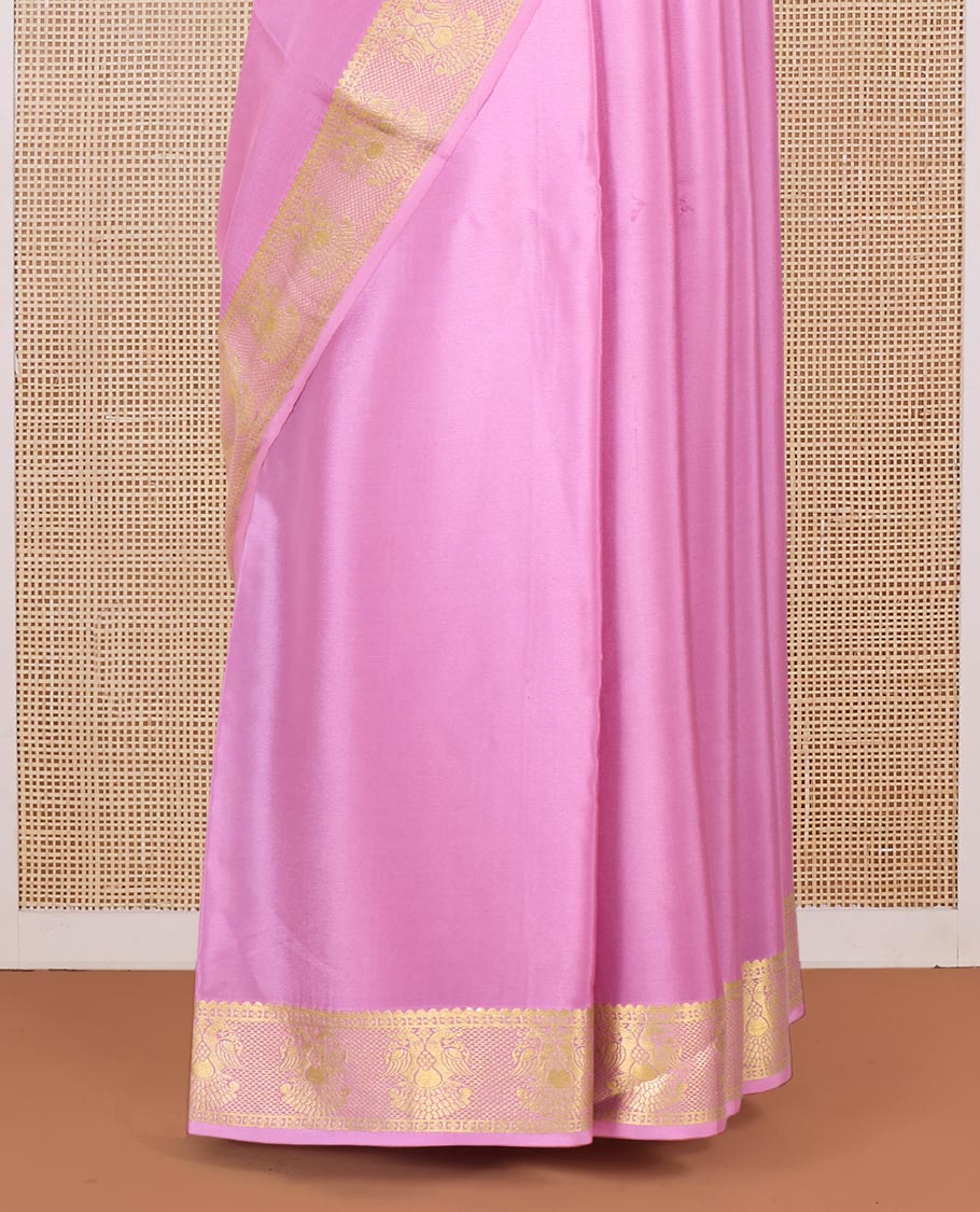 Pink plain Mysore silk saree, traditional zari border and pallu of zari designs