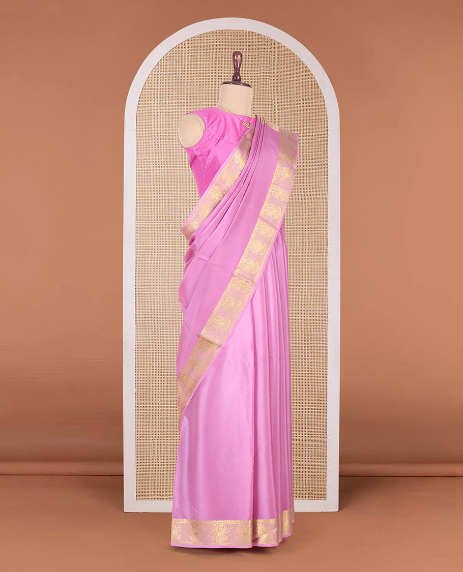 Pink plain Mysore silk saree, traditional zari border and pallu of zari designs