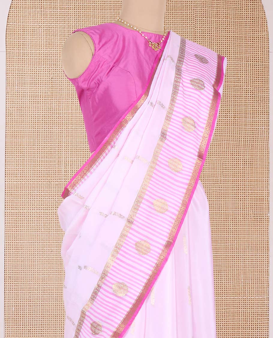 Pink zari buttas Mysore silk saree, contrast traditional zari border and pallu of zari designs