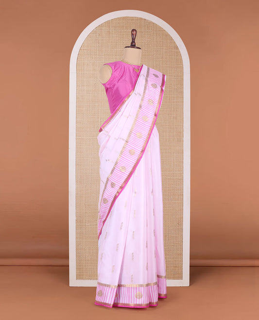 Pink zari buttas Mysore silk saree, contrast traditional zari border and pallu of zari designs