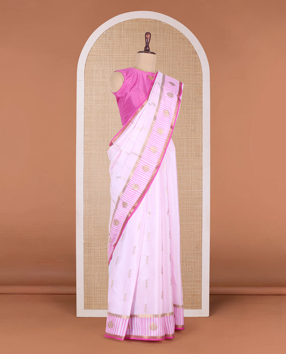 Pink zari buttas Mysore silk saree, contrast traditional zari border and pallu of zari designs