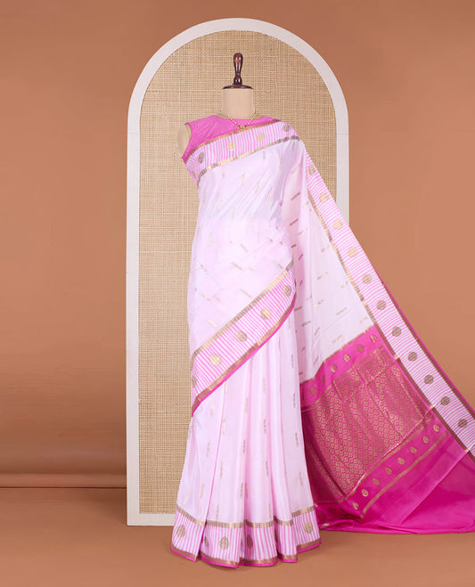 Pink zari buttas Mysore silk saree, contrast traditional zari border and pallu of zari designs