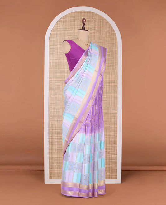 Multi-color dyed with zari design Mysore silk saree, contrast traditional zari border, and pallu of traditional zari designs