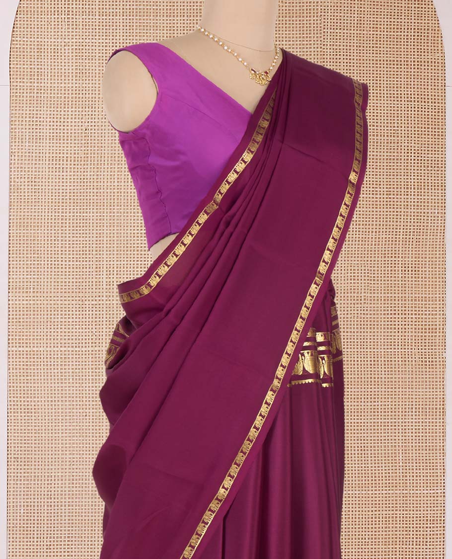 Maroon plain Mysore silk saree, elephant motifs woven Mysore silk saree, zari design pallu