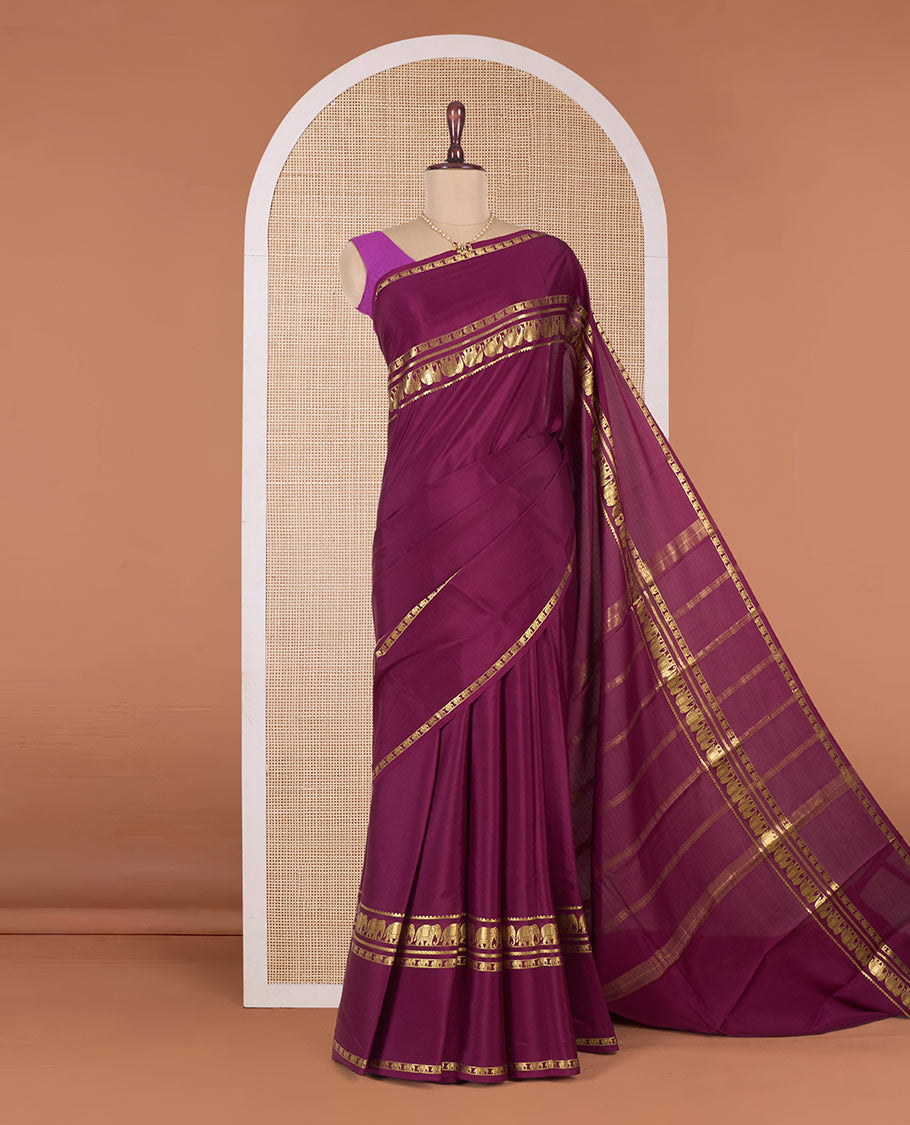 Maroon plain Mysore silk saree, elephant motifs woven Mysore silk saree, zari design pallu