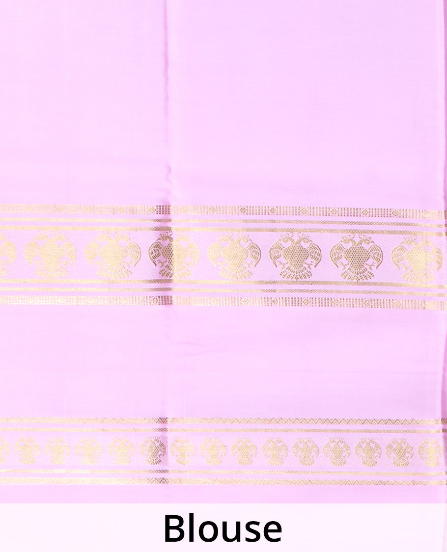 Green plain Mysore silk saree, contrast traditional zari border, and pallu of zari stripes