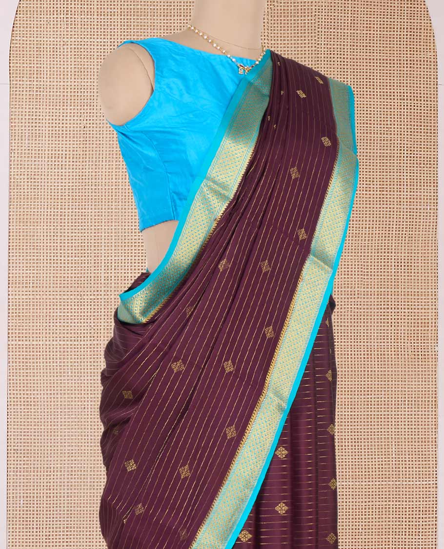 Brown zari design Mysore silk saree, contrast traditional zari border, and intricate pallu
