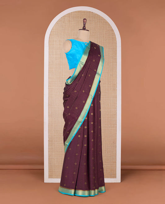 Brown zari design Mysore silk saree, contrast traditional zari border, and intricate pallu