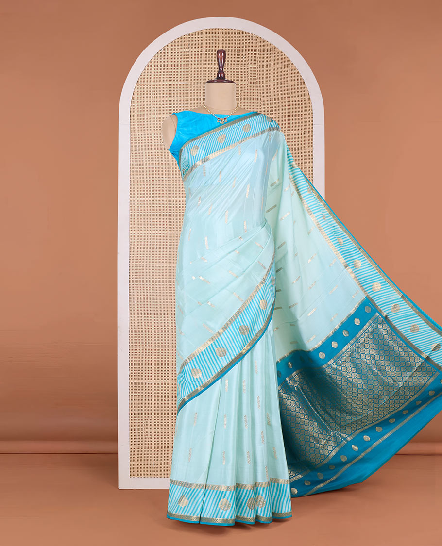 Blue zari buttas Mysore silk saree, contrast zari border and zari-rich jaal pallu