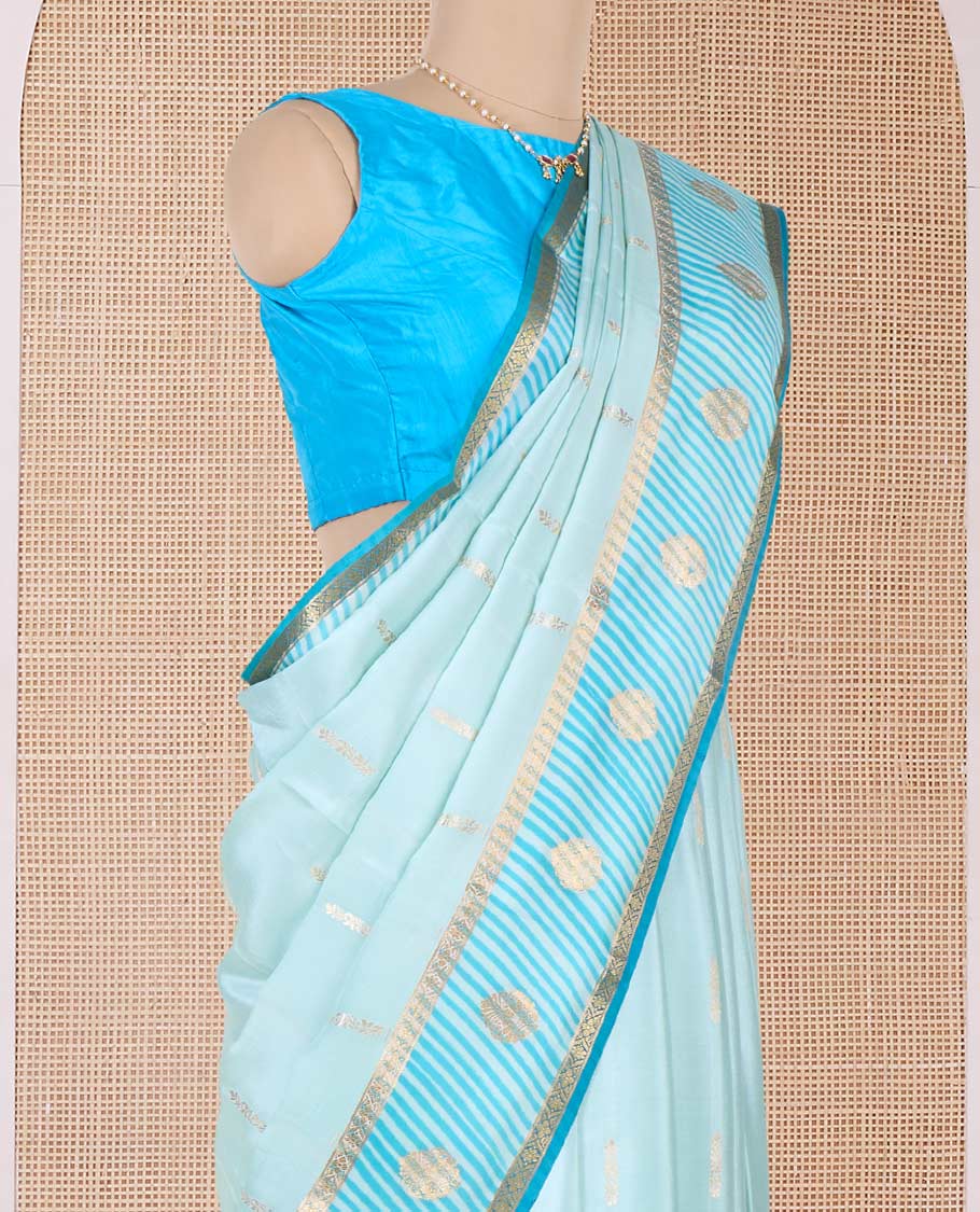Blue zari buttas Mysore silk saree, contrast zari border and zari-rich jaal pallu