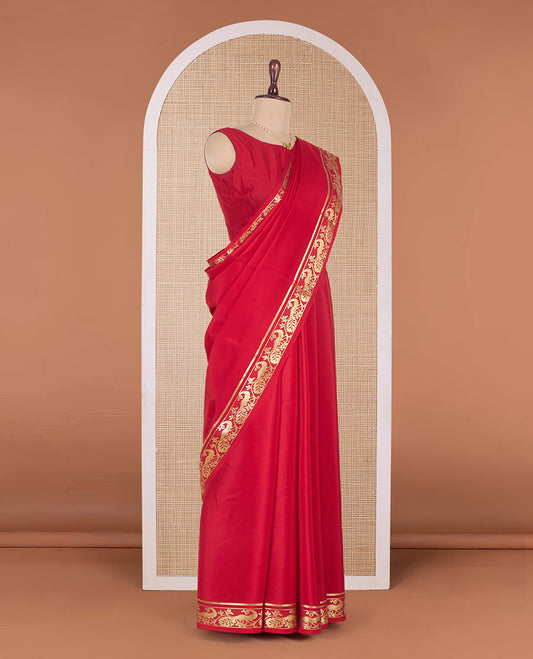 Red plain Mysore silk saree, peacock motifs zari border l, and zari striped pallu
