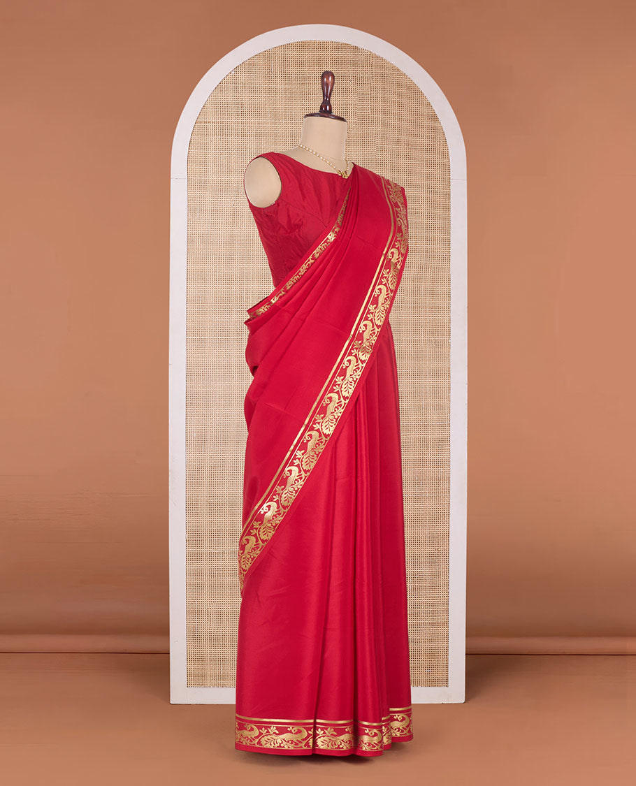 Red plain Mysore silk saree, peacock motifs zari border l, and zari striped pallu
