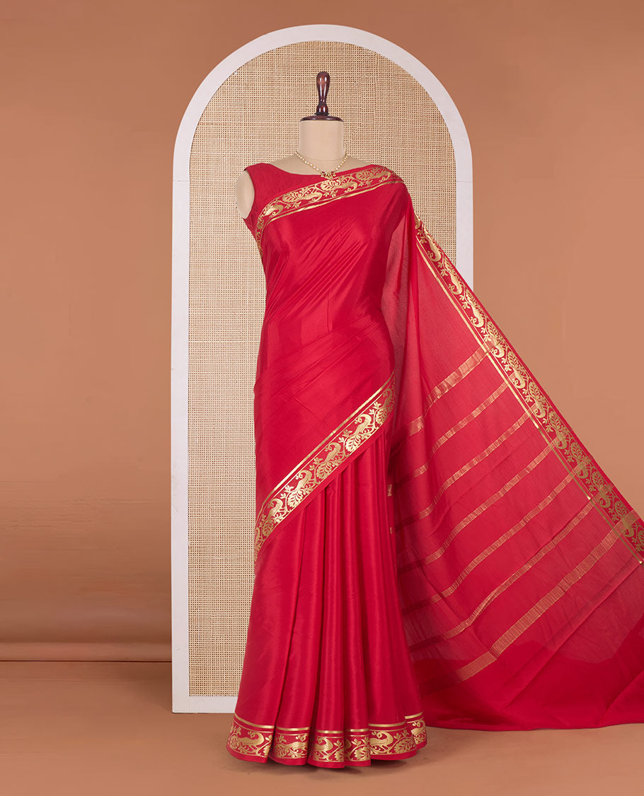 Red plain Mysore silk saree, peacock motifs zari border l, and zari striped pallu
