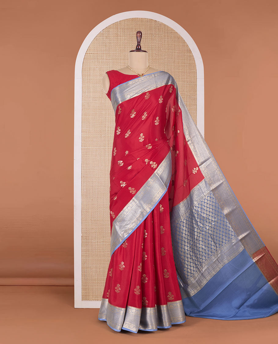 Red floral zari buttas Mysore silk saree, contrast traditional zari border and pallu of jaal designs