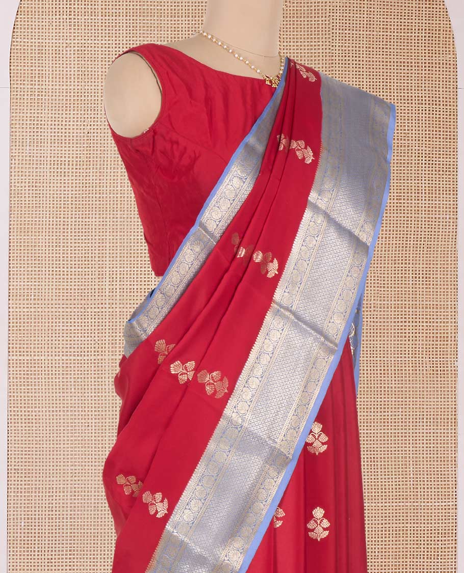 Red floral zari buttas Mysore silk saree, contrast traditional zari border and pallu of jaal designs