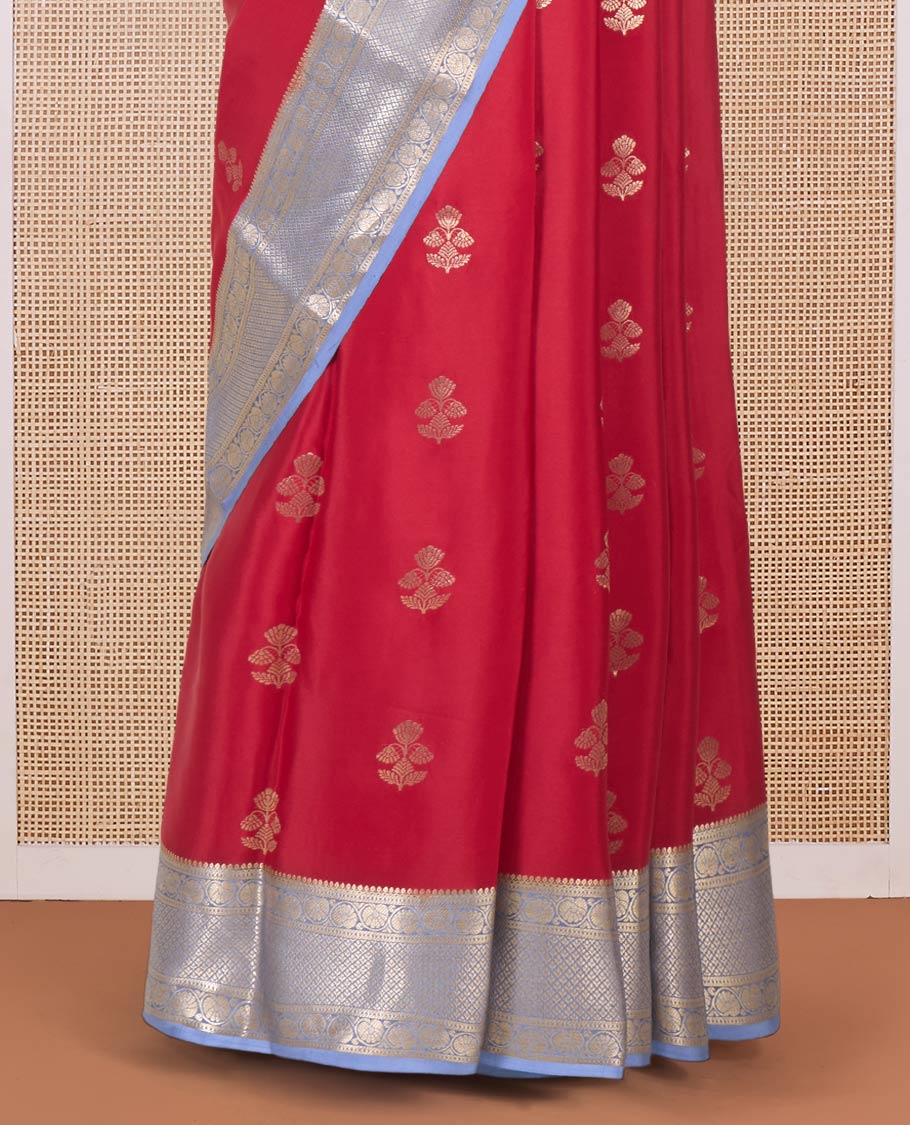Red floral zari buttas Mysore silk saree, contrast traditional zari border and pallu of jaal designs