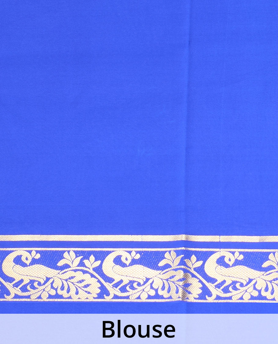 Royal blue plain Mysore silk saree, peacock motifs zari border l, and zari striped pallu