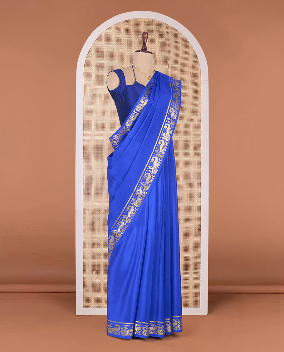 Royal blue plain Mysore silk saree, peacock motifs zari border l, and zari striped pallu