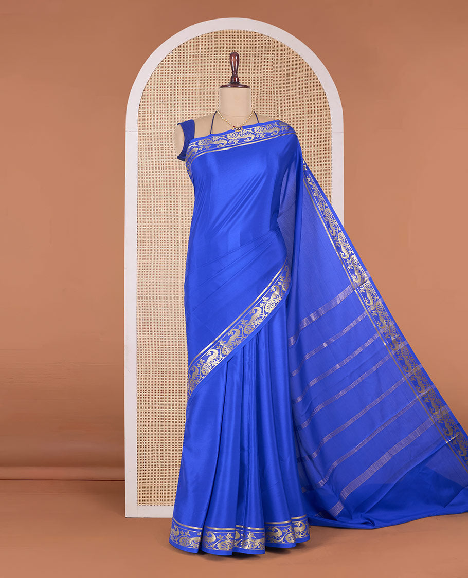 Royal blue plain Mysore silk saree, peacock motifs zari border l, and zari striped pallu