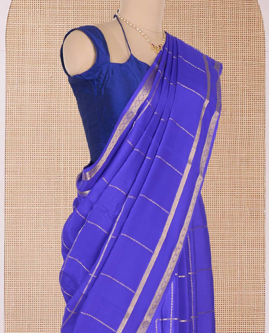Blue checked Mysore silk saree, traditional zari rettai pettu border, and zari design pallu