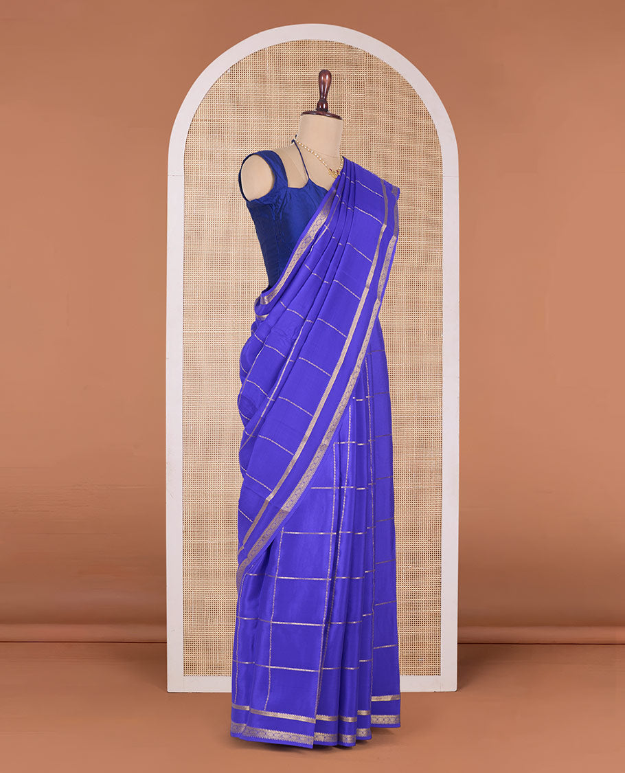Blue checked Mysore silk saree, traditional zari rettai pettu border, and zari design pallu