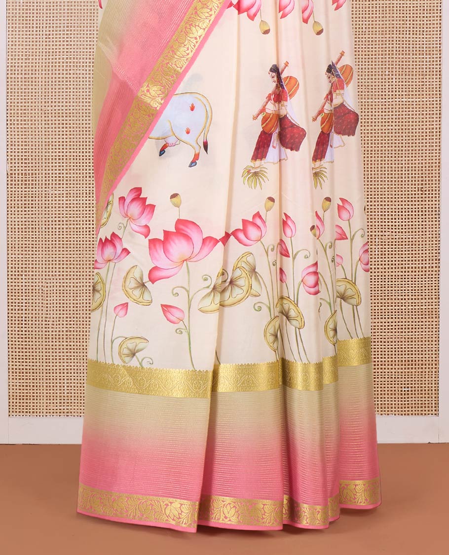 Sandal base Pichwai lotus, cow and girl veena motifs printed Mysore silk saree, contrast traditional zari border, and floral design pallu