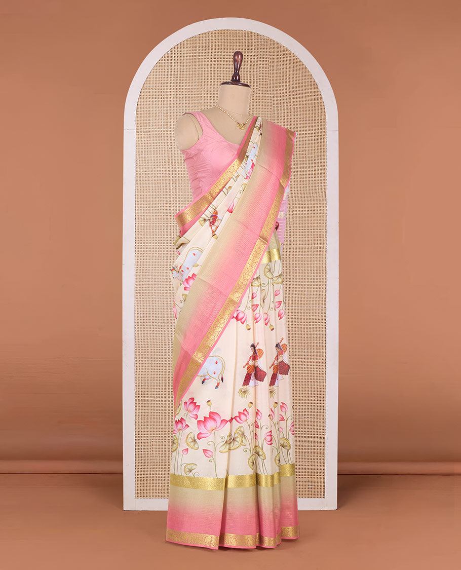 Sandal base Pichwai lotus, cow and girl veena motifs printed Mysore silk saree, contrast traditional zari border, and floral design pallu