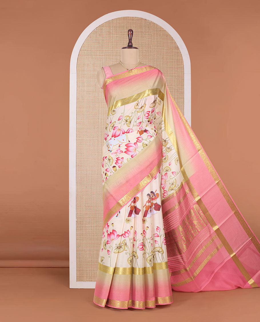 Sandal base Pichwai lotus, cow and girl veena motifs printed Mysore silk saree, contrast traditional zari border, and floral design pallu