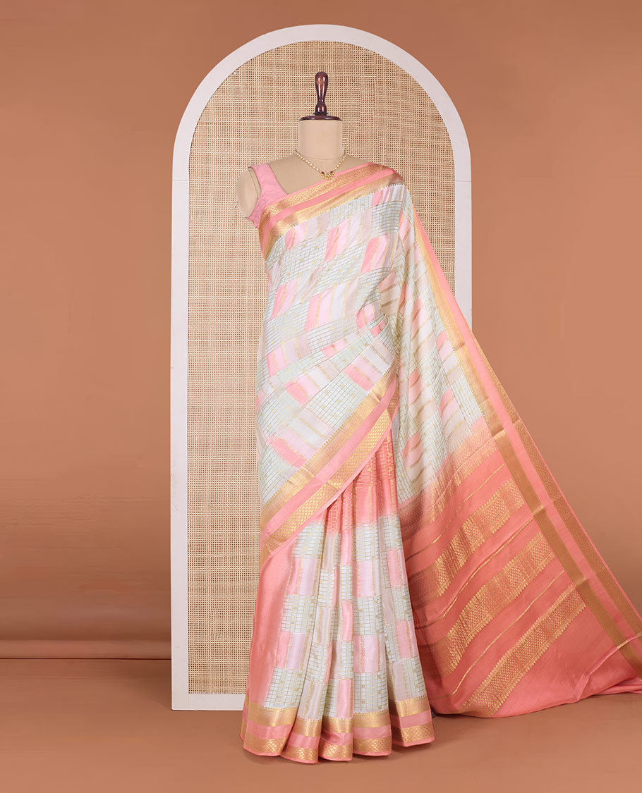 Multi-color abstract printed and zari design Mysore silk saree, contrast traditional zari border and pallu of traditional zari designs