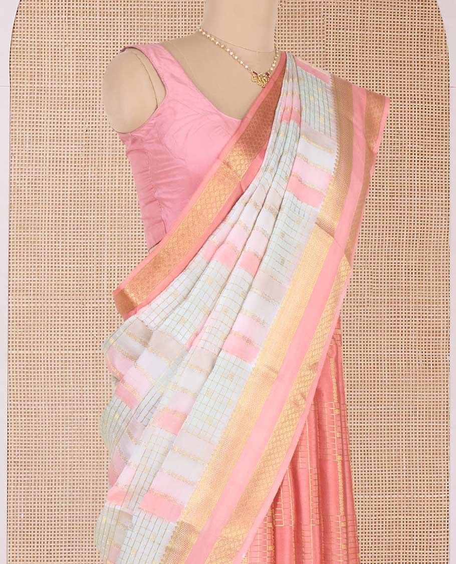 Multi-color abstract printed and zari design Mysore silk saree, contrast traditional zari border and pallu of traditional zari designs