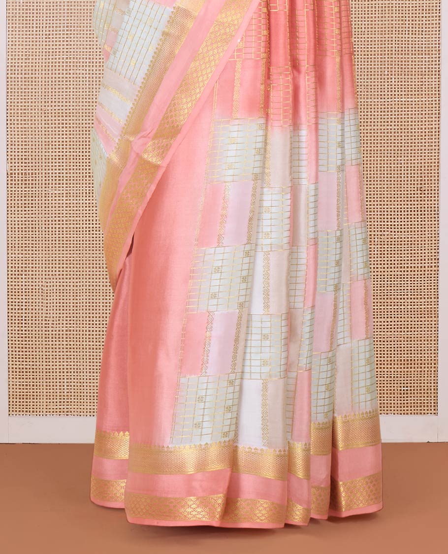 Multi-color abstract printed and zari design Mysore silk saree, contrast traditional zari border and pallu of traditional zari designs