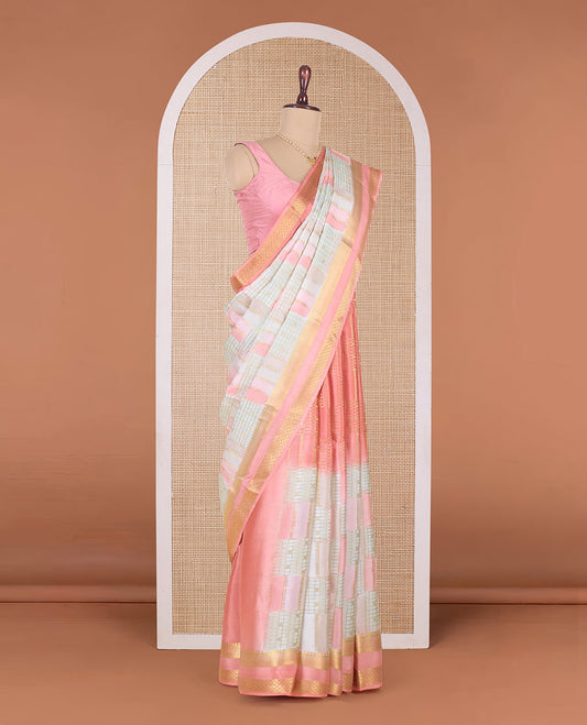 Multi-color abstract printed and zari design Mysore silk saree, contrast traditional zari border and pallu of traditional zari designs