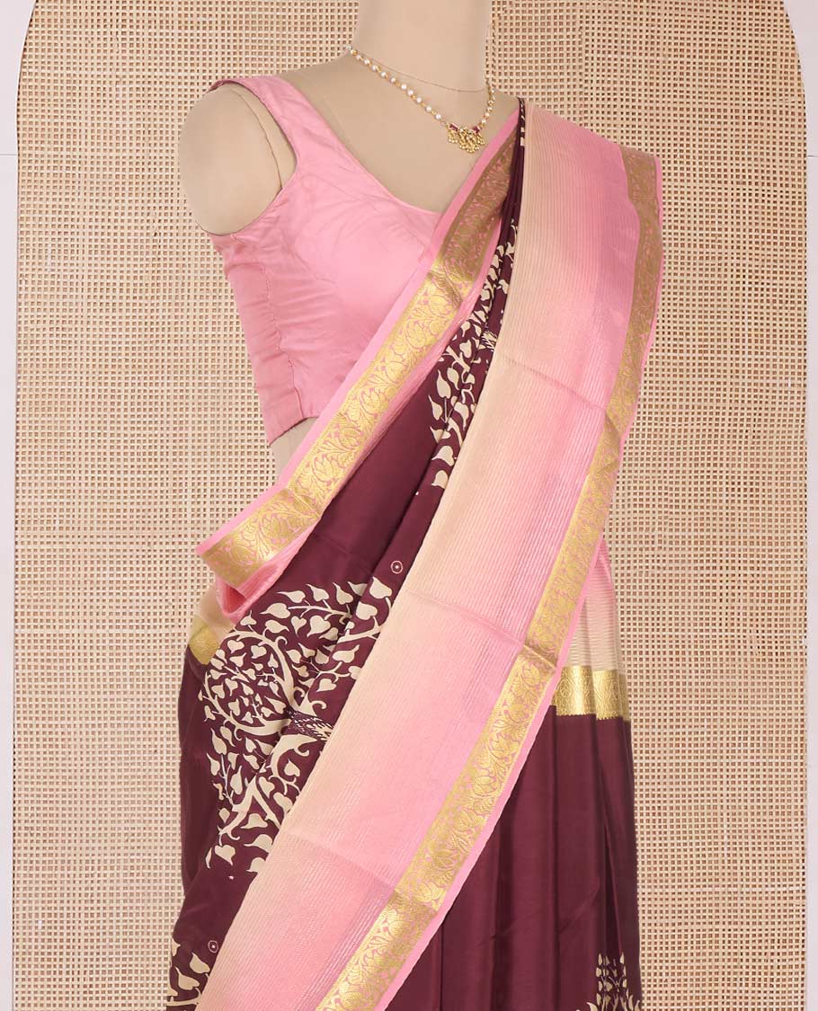 Brown Tree of life and elephant motifs printed Mysore silk saree, contrast traditional zari border and pallu of floral designs