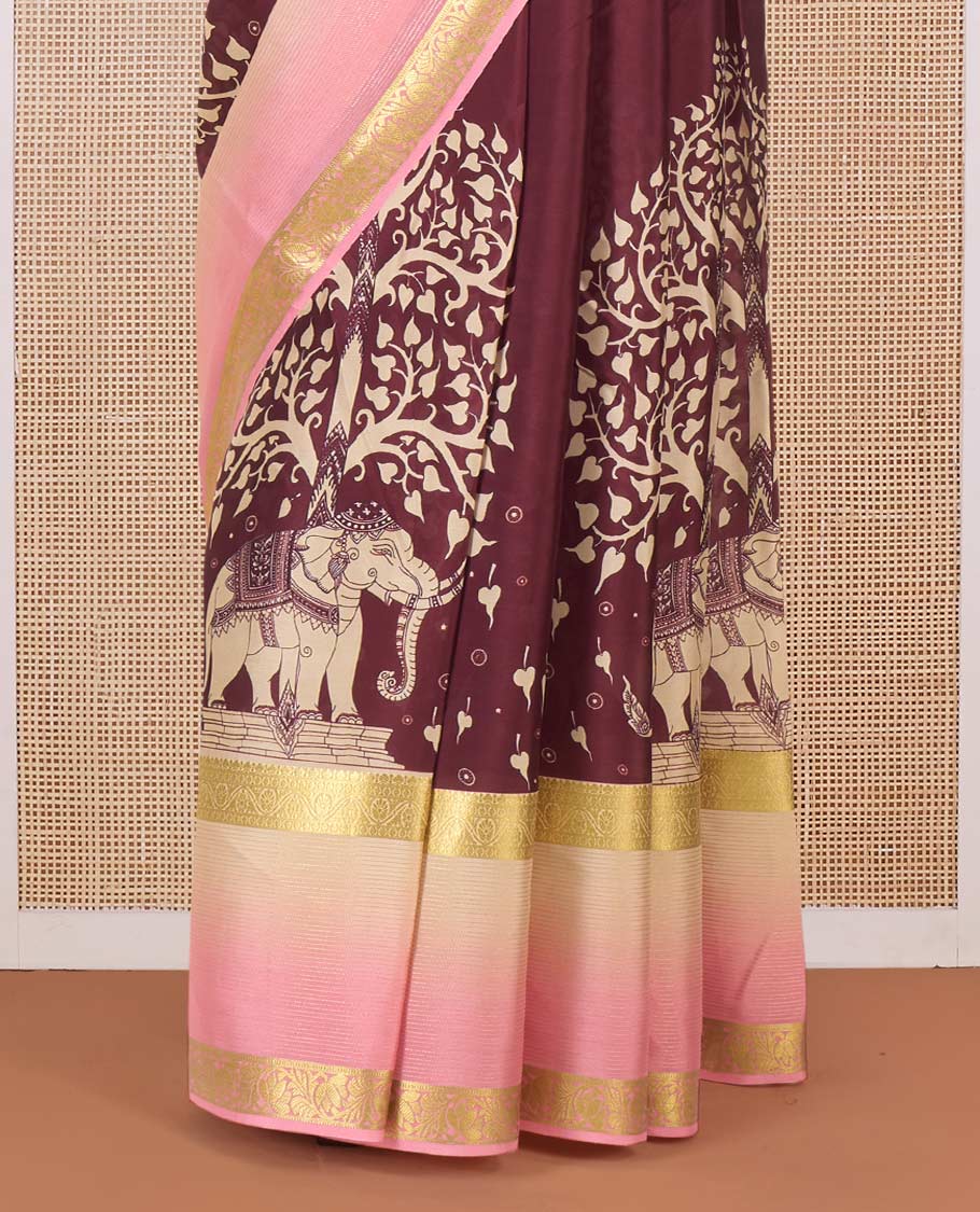 Brown Tree of life and elephant motifs printed Mysore silk saree, contrast traditional zari border and pallu of floral designs