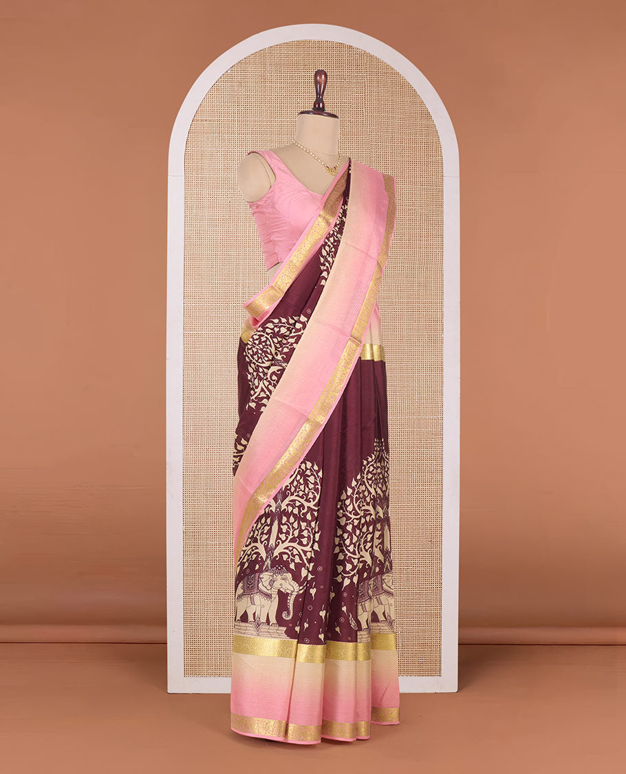 Brown Tree of life and elephant motifs printed Mysore silk saree, contrast traditional zari border and pallu of floral designs