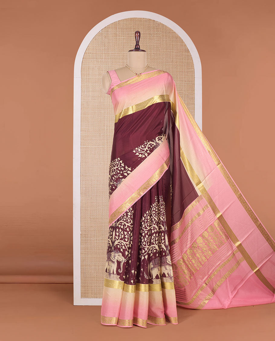 Brown Tree of life and elephant motifs printed Mysore silk saree, contrast traditional zari border and pallu of floral designs