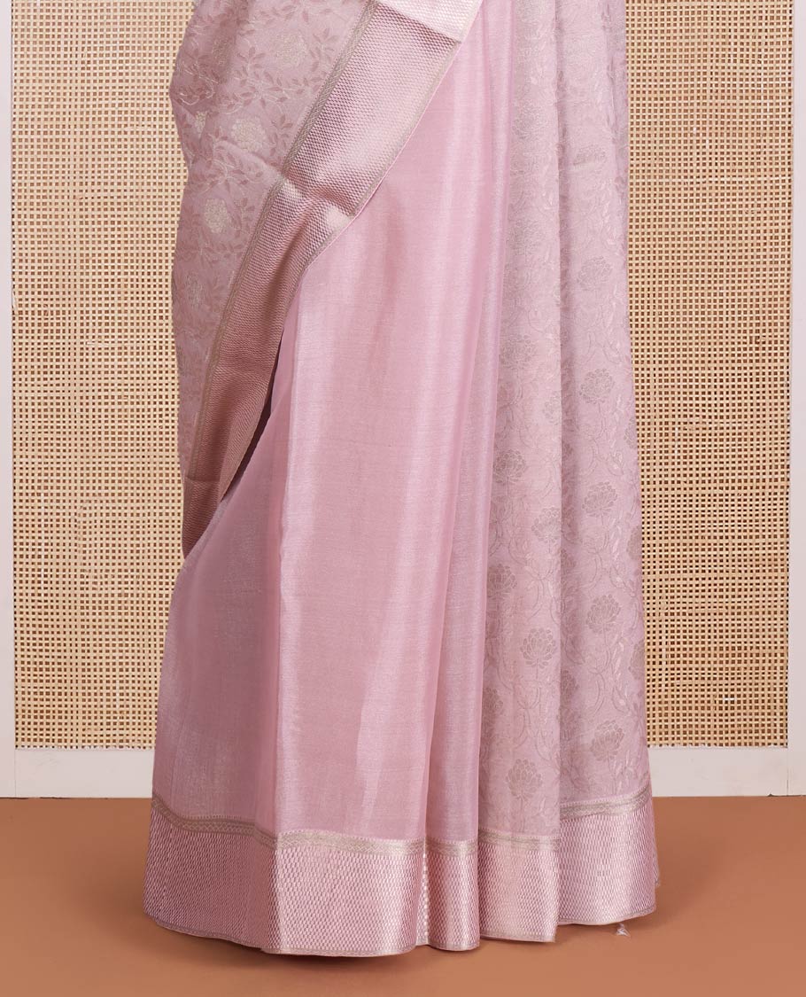 Peach floral jacquard Mysore silk saree, traditional zari border, and zari-rich jaal pallu