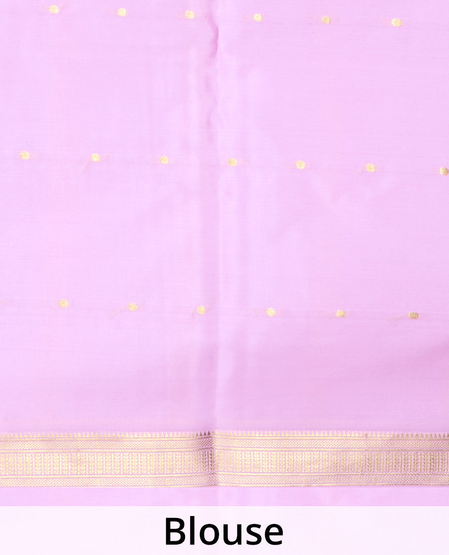 Kesari orange zari buttas Mysore silk saree, contrast traditional zari design border, and zari striped pallu