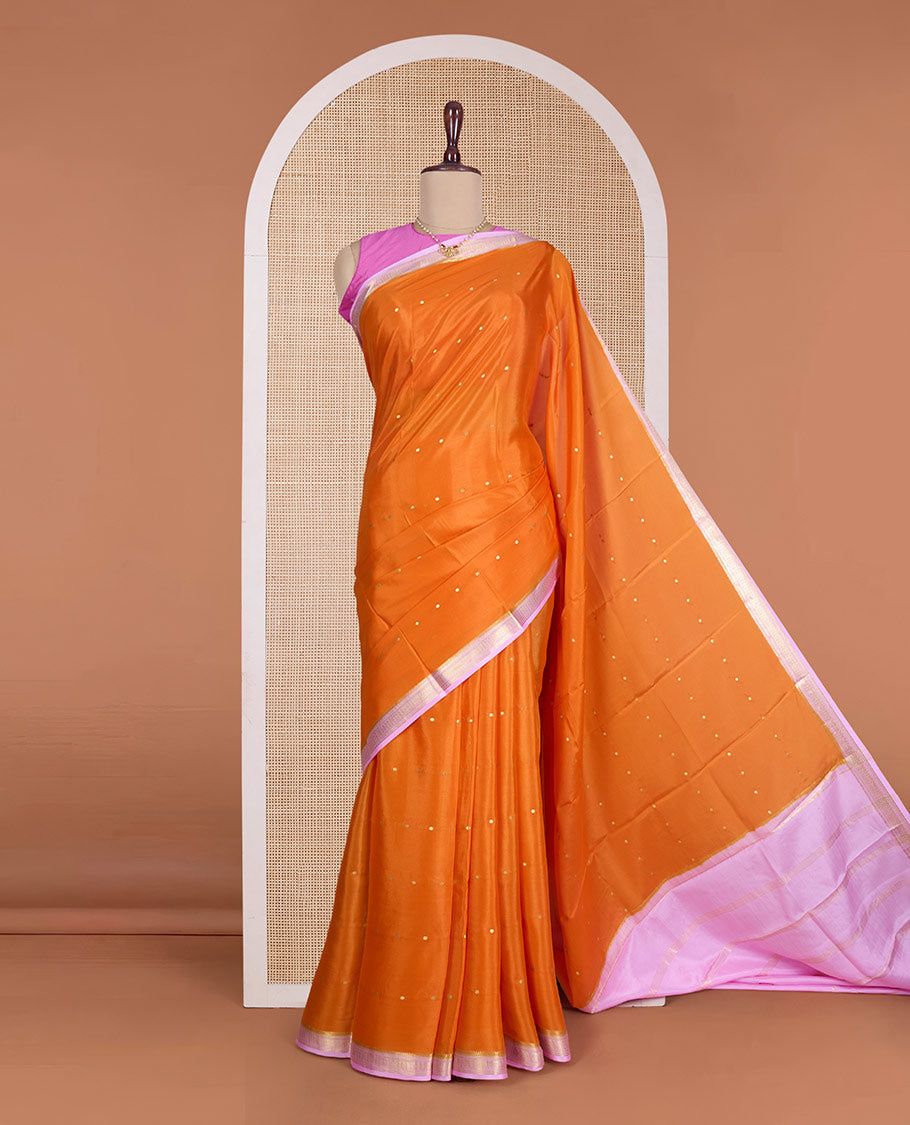 Kesari orange zari buttas Mysore silk saree, contrast traditional zari design border, and zari striped pallu