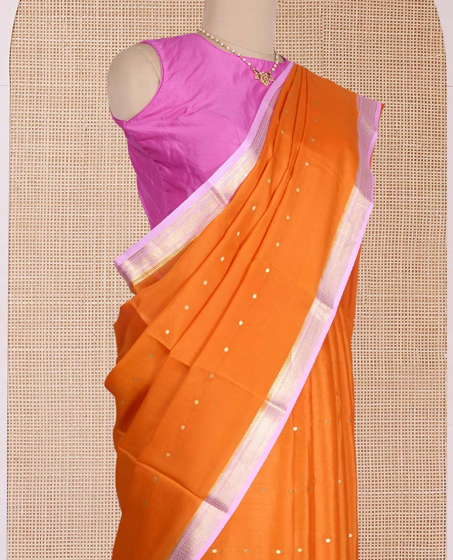 Kesari orange zari buttas Mysore silk saree, contrast traditional zari design border, and zari striped pallu