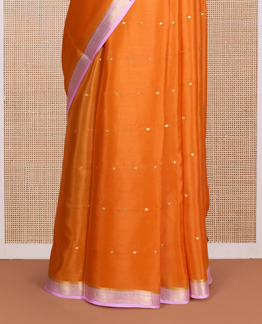 Kesari orange zari buttas Mysore silk saree, contrast traditional zari design border, and zari striped pallu
