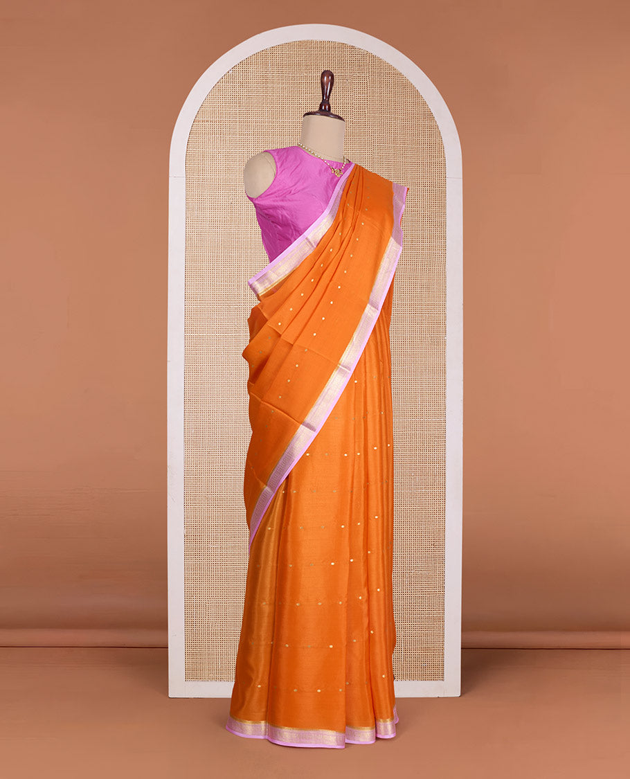 Kesari orange zari buttas Mysore silk saree, contrast traditional zari design border, and zari striped pallu
