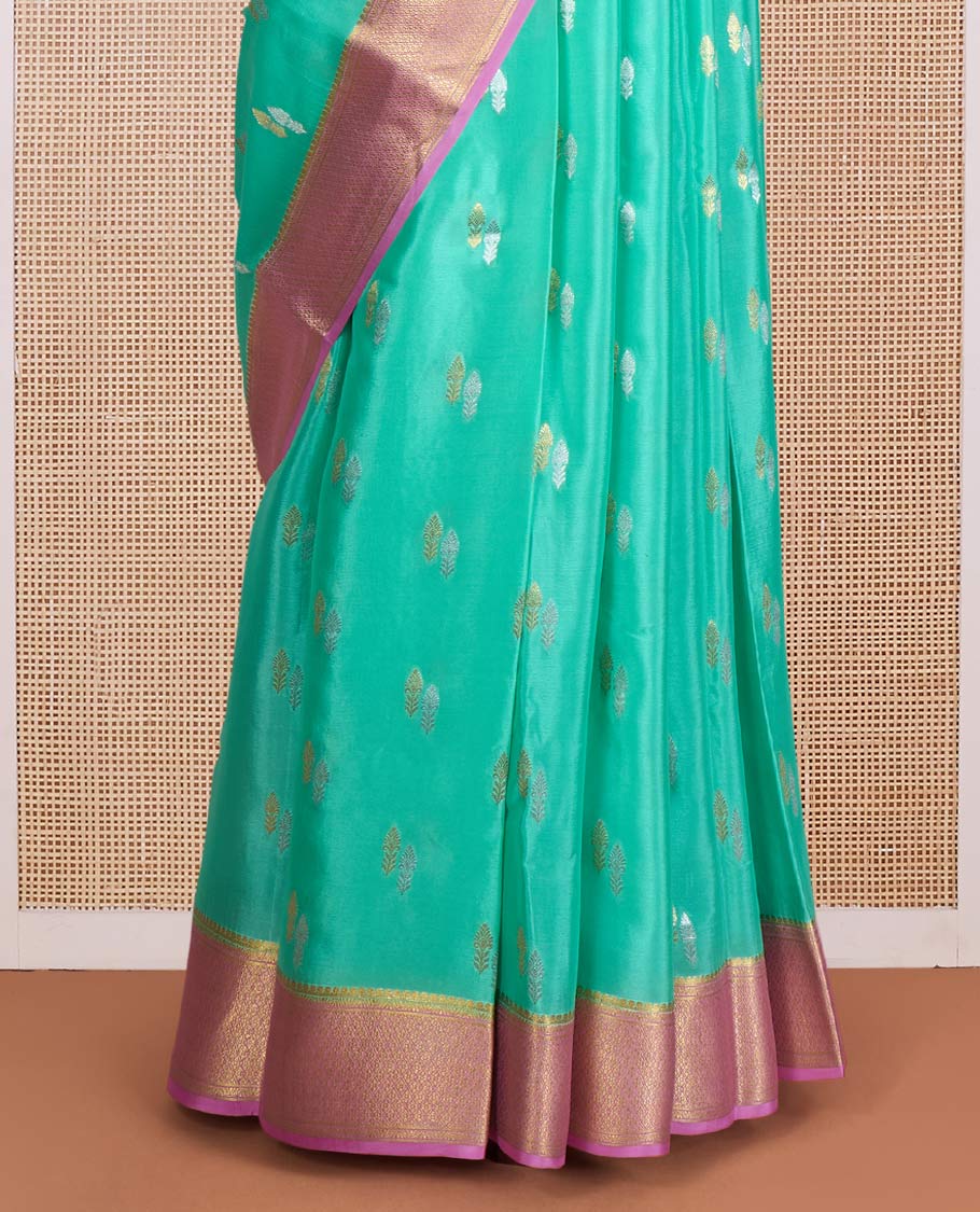 Green zari buttas Mysore silk saree, contrast traditional zari design border, and jaal pallu